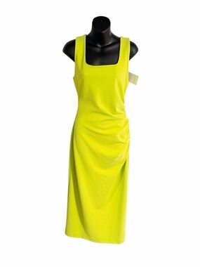 Gibson Latimer Cool Lime Ruched Square-Neck Midi Dress NWT